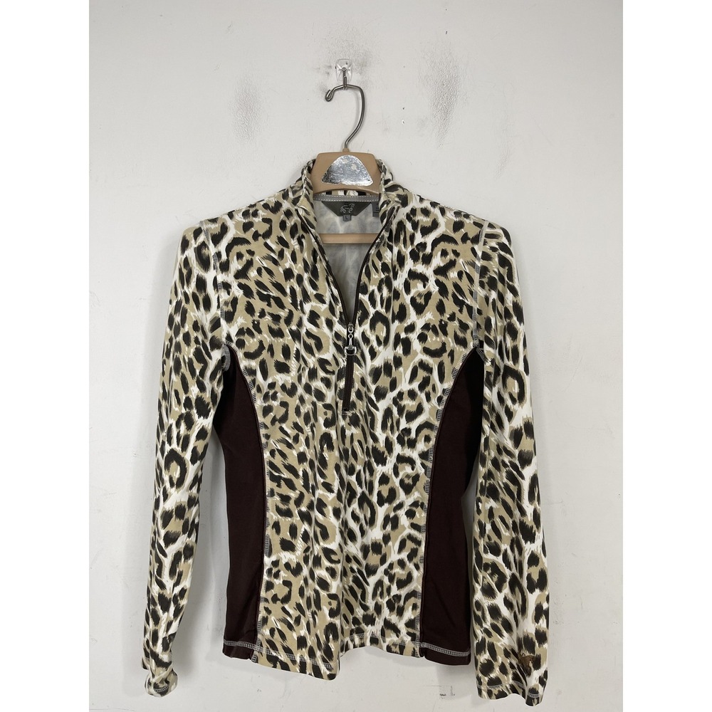 Good Rider Womens L Full Zip Jacket Leopard Print Brown Sides 92% Cotton